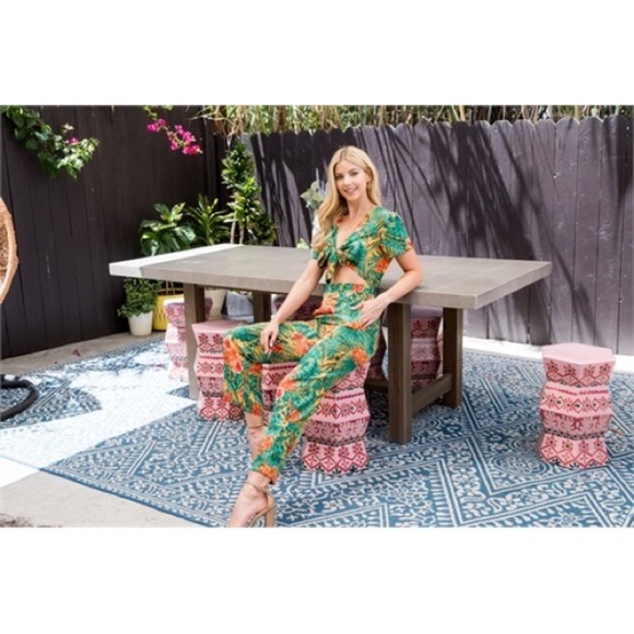 NEW WOMENS ARRIVAL TROPICAL FLORAL CROPPED BOW TIE GREEN YELLOW FLORAL JUMPSUIT - Picture 4 of 9